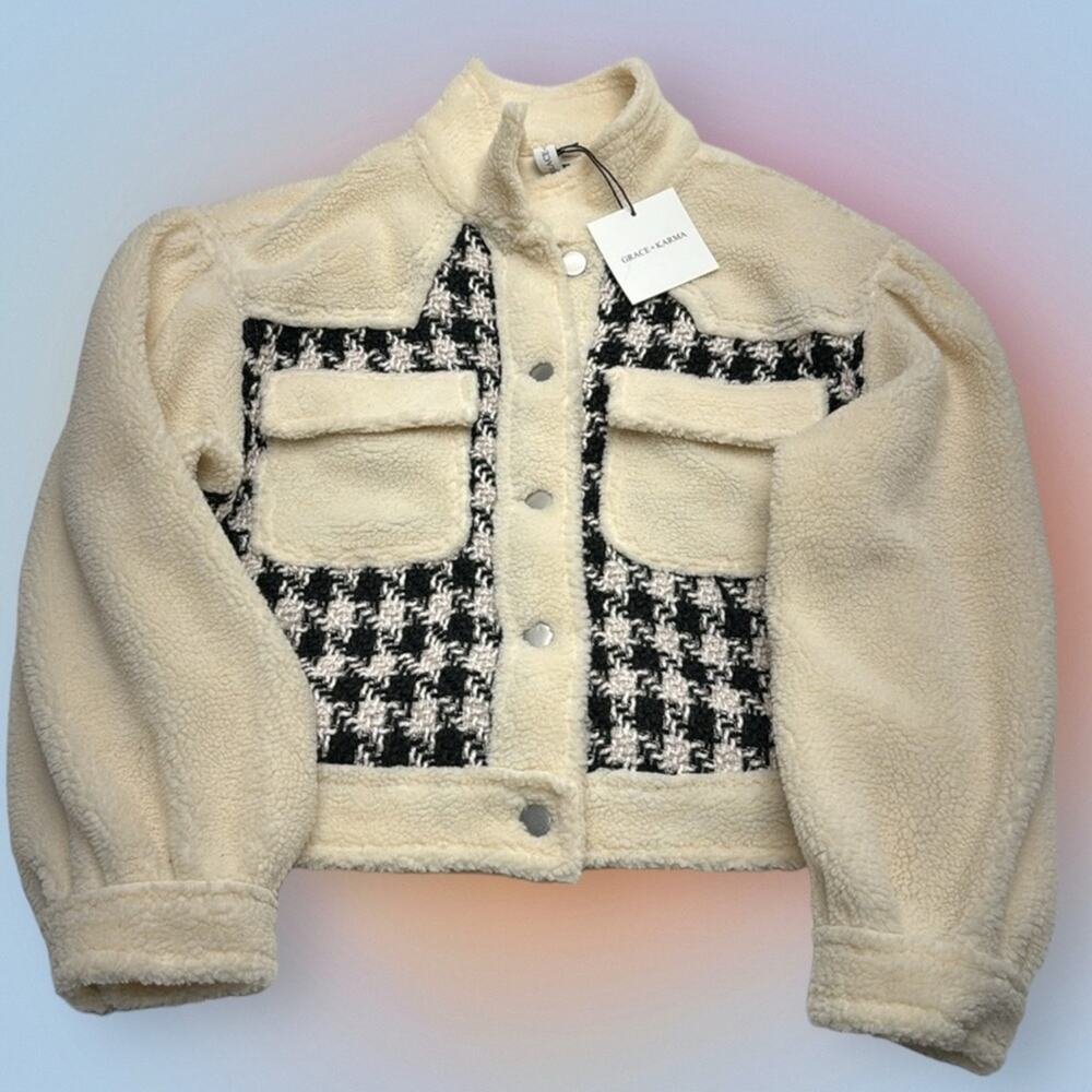 GRACE + KARMA Women’s Large Fleece Black White Houndstooth Shacket